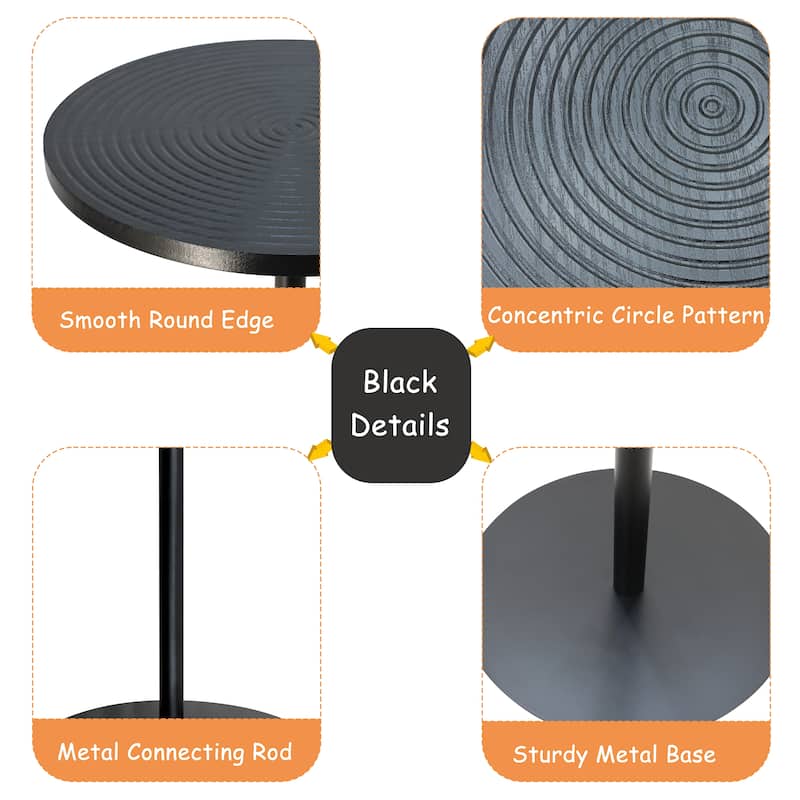 Set of 2 Small Round Side Table Wooden Concentric Circles Coffee Table for Two Metal Pedestal Nightstand for Corner Small Space