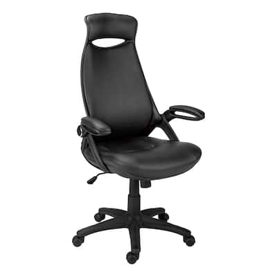High Back Black Leather-Look Executive Office Chair with Flip-Up Armrests, Tilt Control and Casters