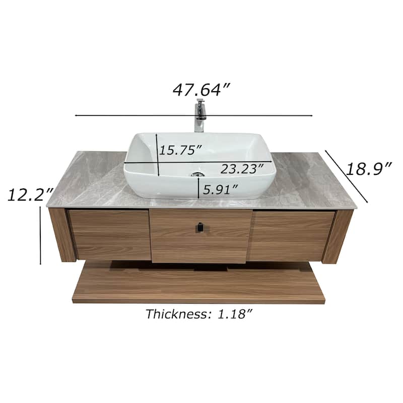 48"Mid Century Modern Wall-Mounted Bathroom Vanities,Single Sink,Brown Wood Texture with Sintered Stone Table top