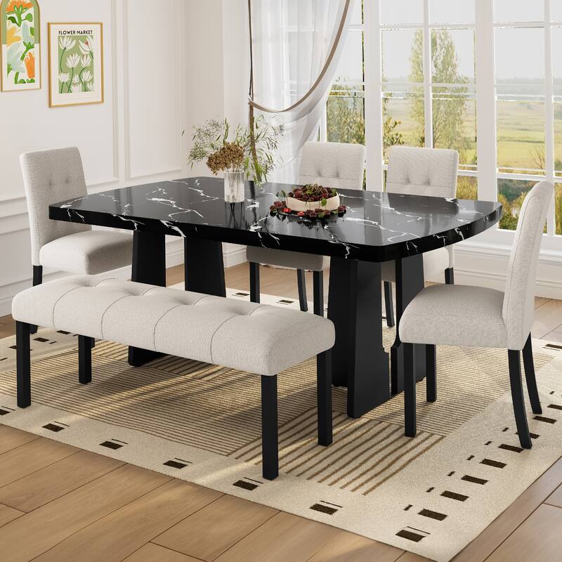 6 Pcs Wooden Dining Table Set, Faux Marble Dining Table with 4 Chairs & 1 Bench, Kitchen Dining Table & Chair Set for 6 Persons - Beige,Black
