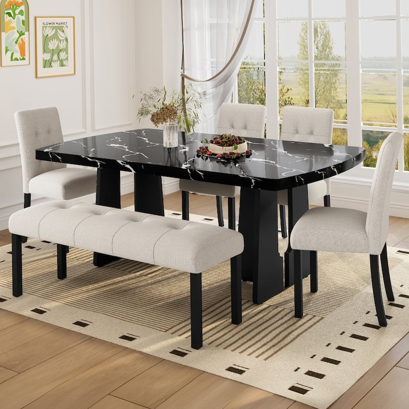 Dining Table Set for 6, Faux Marble Table with 4 Upholstered Chairs & Bench, 6-Piece Modern Kitchen Table Chairs Set - Beige Black
