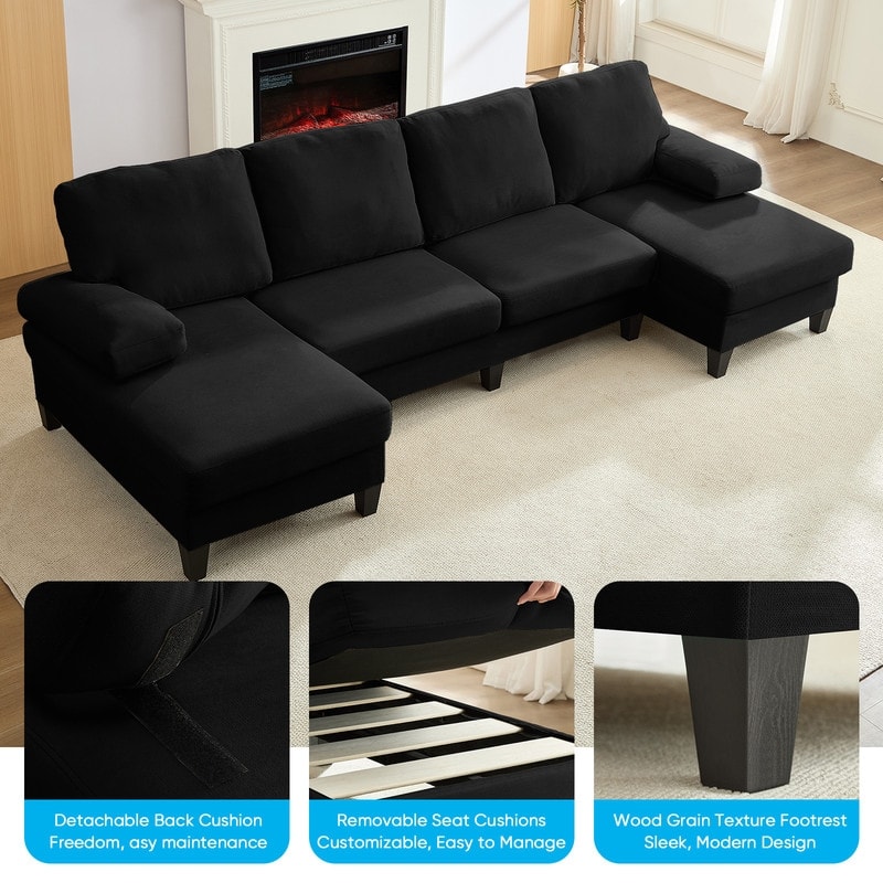 Mixoy W110"Velvet U-Shaped Sectional Sofa Couches,Upholstered 4-Seater Sofa with Double Chaises and Sleepable Armrest