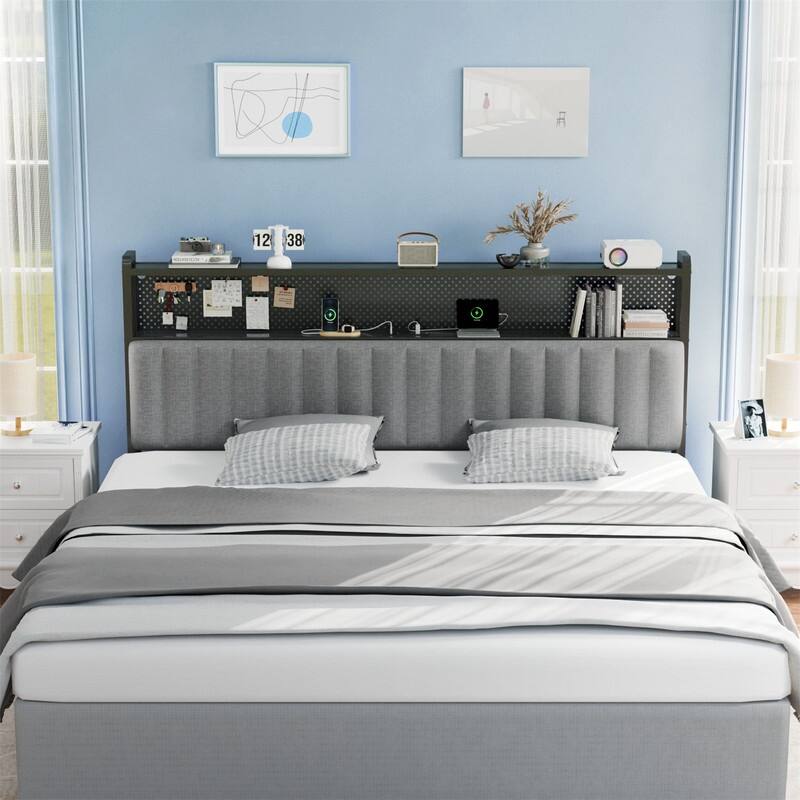 Adjustable Upholstered Headboard with 2 Tier Shelves with Charging Stations and LED Lights, Modern Bed Headboard with Storage
