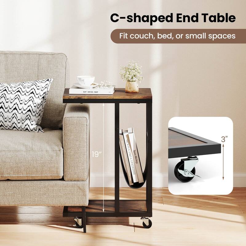 Costway 1/2 PCS C-shaped Side Table 2-tier Sofa Couch Table with