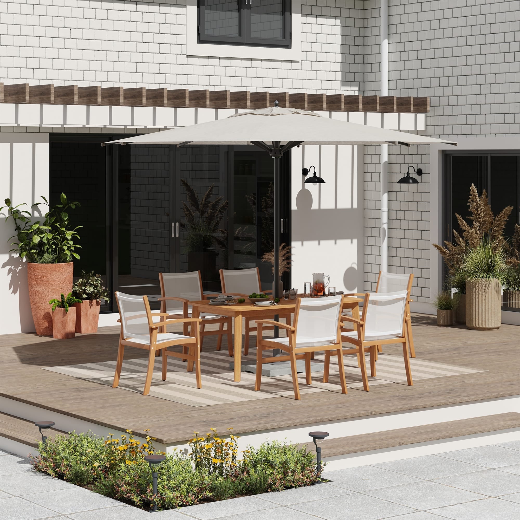 Outdoor Dining Set 7-Piece Acacia Wood Patio Arm Chair with Breathable Textilene Fabric and Table with Umbrella Hole