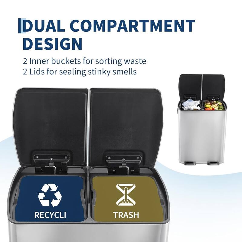 16-Gallon Dual Compartment Kitchen Recycling Station with Soft-Close Lids and Removable Buckets Black