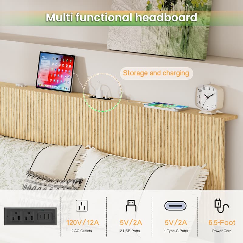 Floating Platform Bed with Charging Station and LED Lights, Wavy Headboard, Heavy-Duty Metal Slats, No Box Spring Required