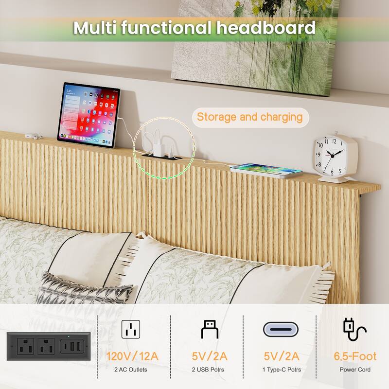 Queen Floating Bed Frame with LED Lights, Charging Station, Wavy Headboard and Heavy Metal Support, No Box Spring Needed