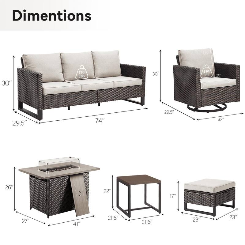 Outdoor Sofa Swivel Chairs Ottomans and Fire Pit Table