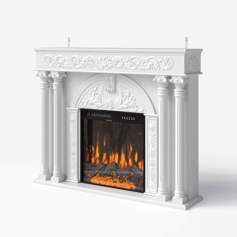 Solid Wood Electric Fireplace TV Stand with 12-Color LED Flame, White Wood Cabinet with Roman Columns, 1500W Heater
