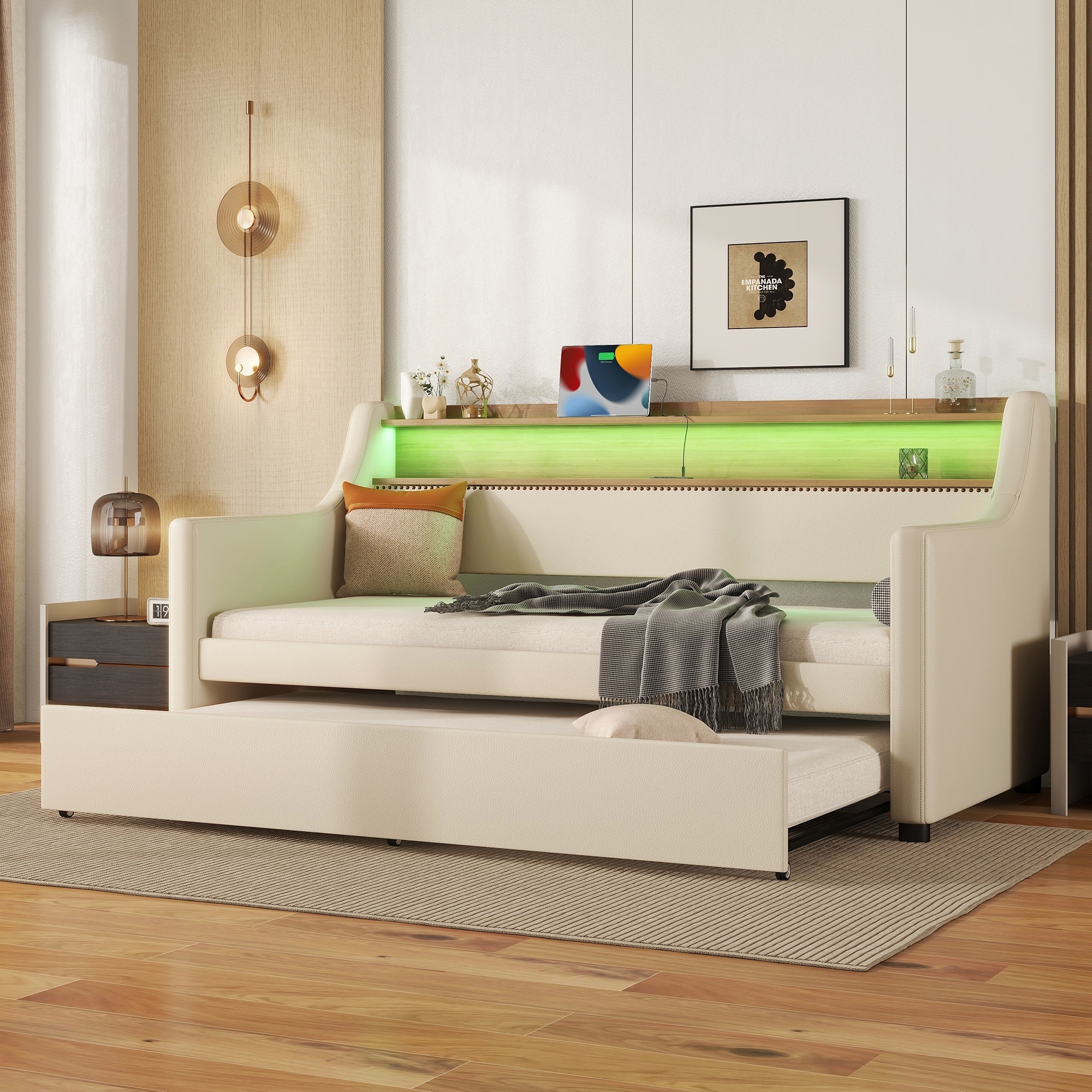 LED Twin Size Daybed Upholstered Daybed with Trundle for Living Room