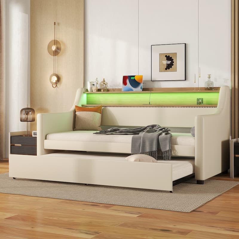 Modern Twin Upholstered Daybed with Trundle, Charging Station, and RGB LED Lights in Beige