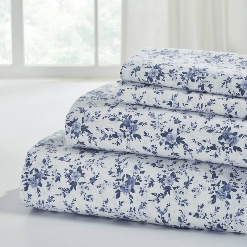 Modern Threads 4-Piece 100% Cotton Flannel Sheet Set - Soft, Durable, Perfect for All Seasons - Blue/White - Queen