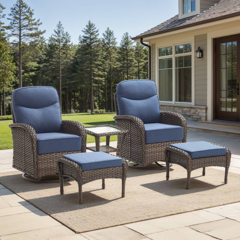 Pocassy Outdoor Wicker Patio Sofa with Swivel Chair Ottoman Sets - Brown Wicker Blue Cushion - 5-Piece Swivel Chair with Ottoman