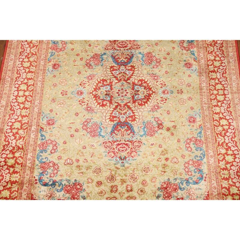 Gold Qum Persian Accent Rug Traditional Handmade Floral Silk Carpet - 3'3"x 5'0"