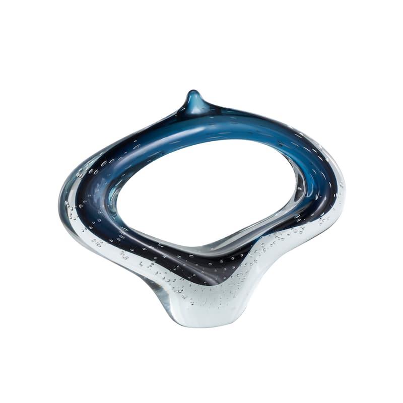 Dark Blue or Copper Glass Cutout Oval Ombre Abstract Sculpture with Bubble Texturing and Clear Accents