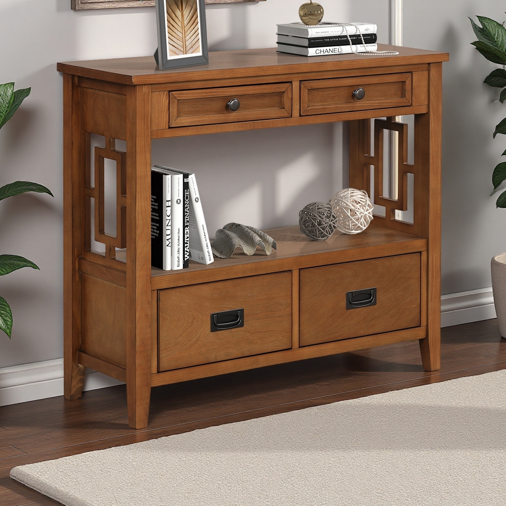 36" Pine Console Table with 4 Drawers & Shelf