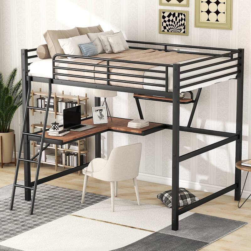 Full Loft Metal Bed with Built-in Desk & Shelf for Kids, Teens, Adults