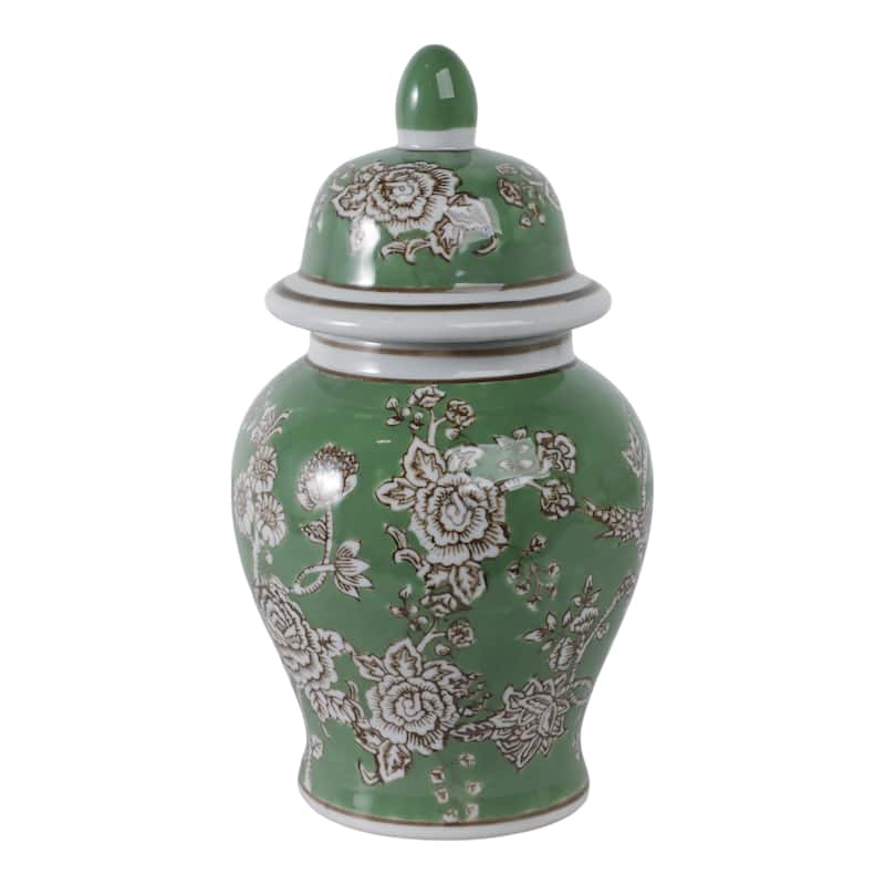 Ceramic Decorative Temple Jar Bird Flower with Lid for Home Decor