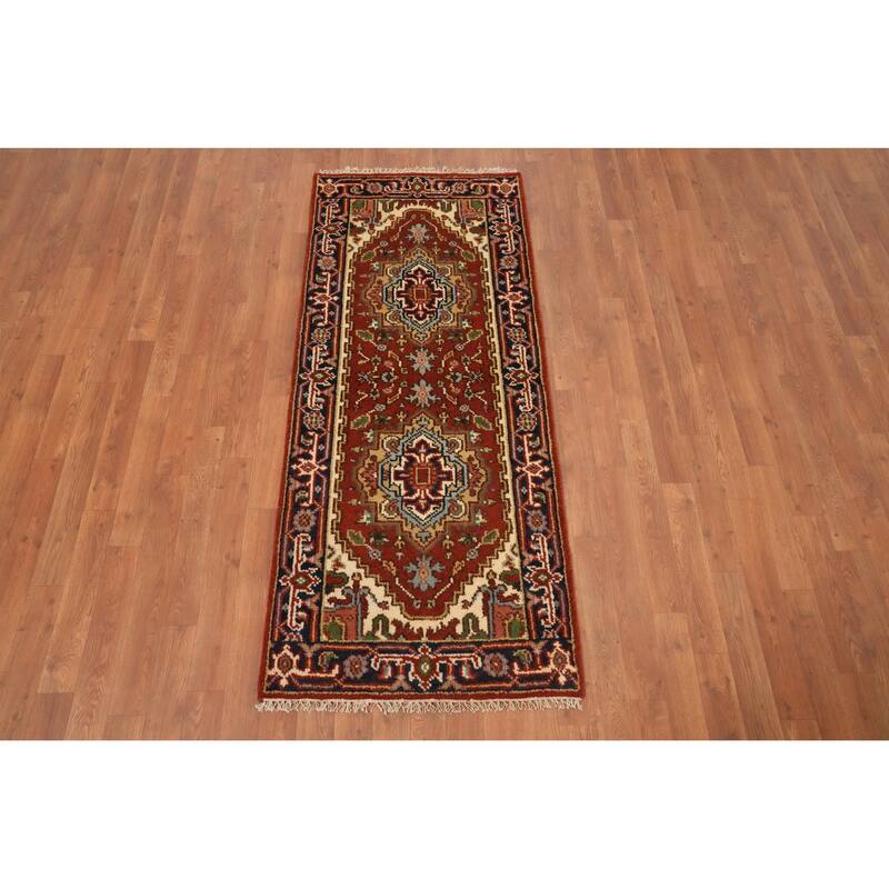 Hand Knotted Oriental 100% Wool Carpet Traditional Geometric Oranges & Rust Heriz (serapi) Runner Rug - 5' 9'' X 2' 5''