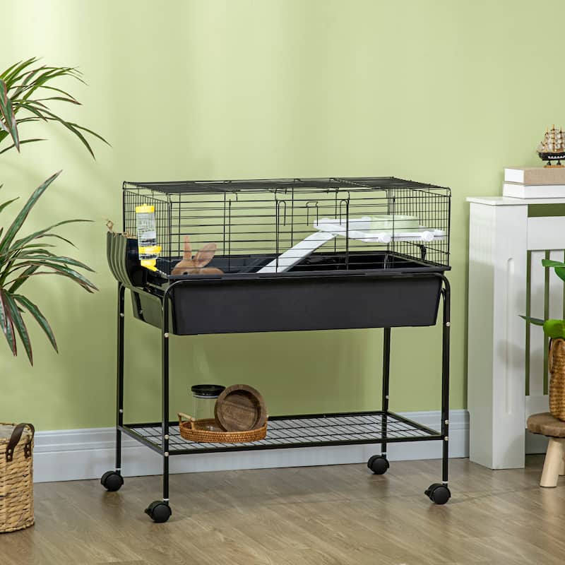 Small Animal Playpen Cage with Stand, Wheels & Storage Shelf - 33" L x 18.5" W x 35.25" H - Black
