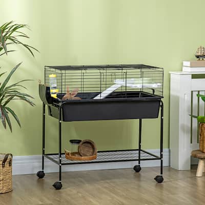 Small Animal Playpen Cage with Stand, Wheels & Storage Shelf - 33" L x 18.5" W x 35.25" H
