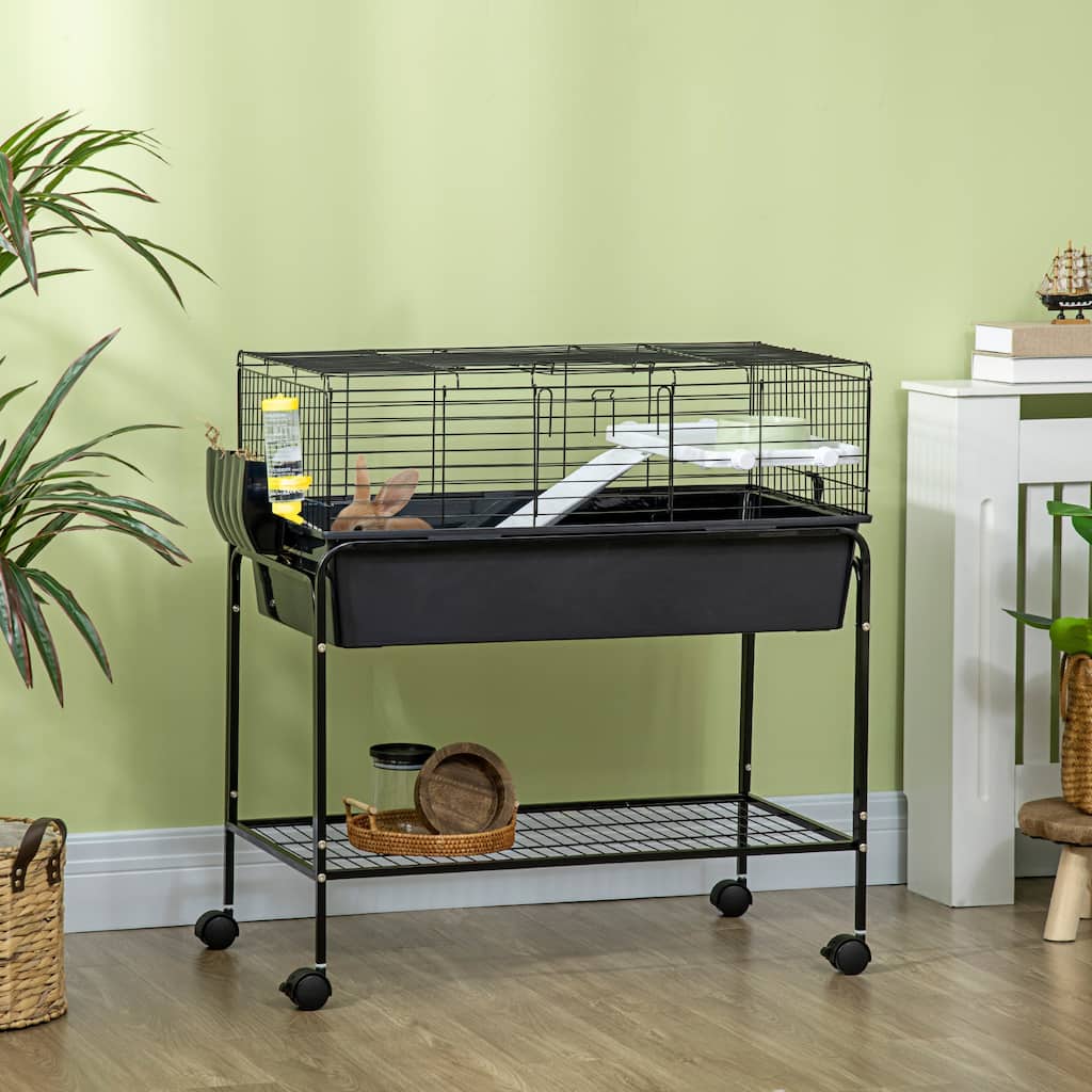 Small Animal Playpen Cage with Stand, Wheels & Storage Shelf - 33" L x 18.5" W x 35.25" H