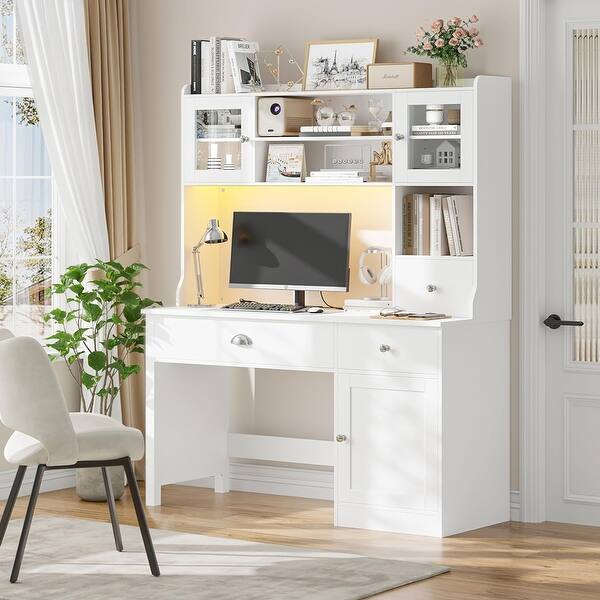 65-inch Office Desk with Hutch, RGB Lights, Power Outlet, 3 Doors & 3 ...