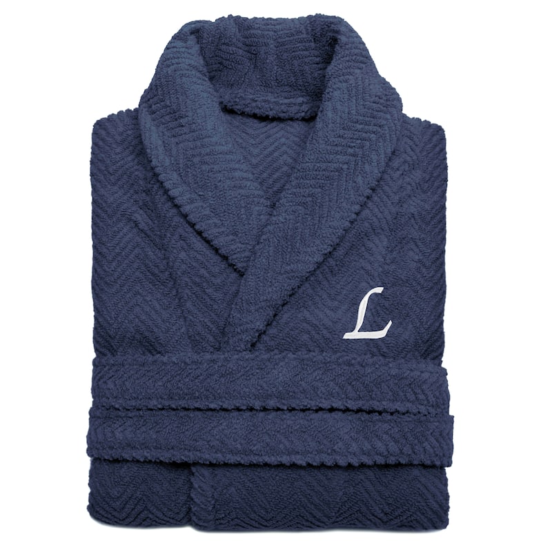 Authentic Hotel and Spa Midnight Blue with White Monogrammed Herringbone Weave Turkish Cotton Unisex Bath Robe - S/M - L