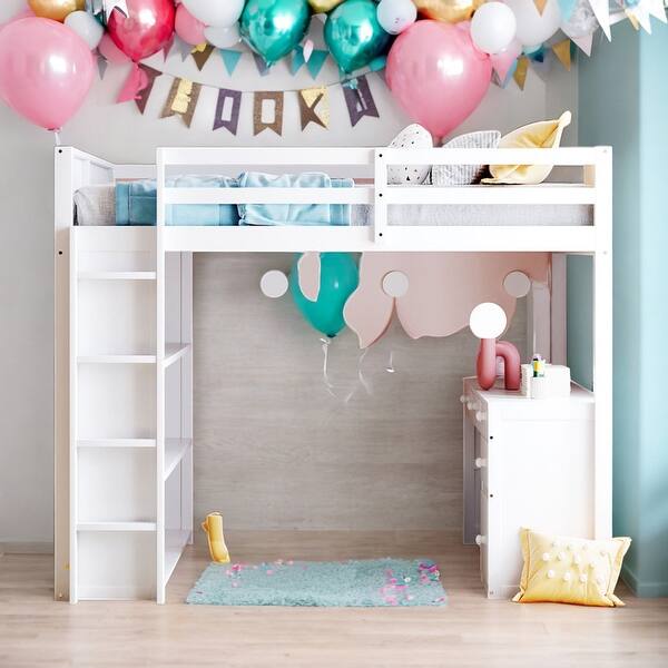 slide 2 of 11, Modern Full Size Loft Bed With Ladder,Shelves and Desk,Sturdy Construction for Bedroom White
