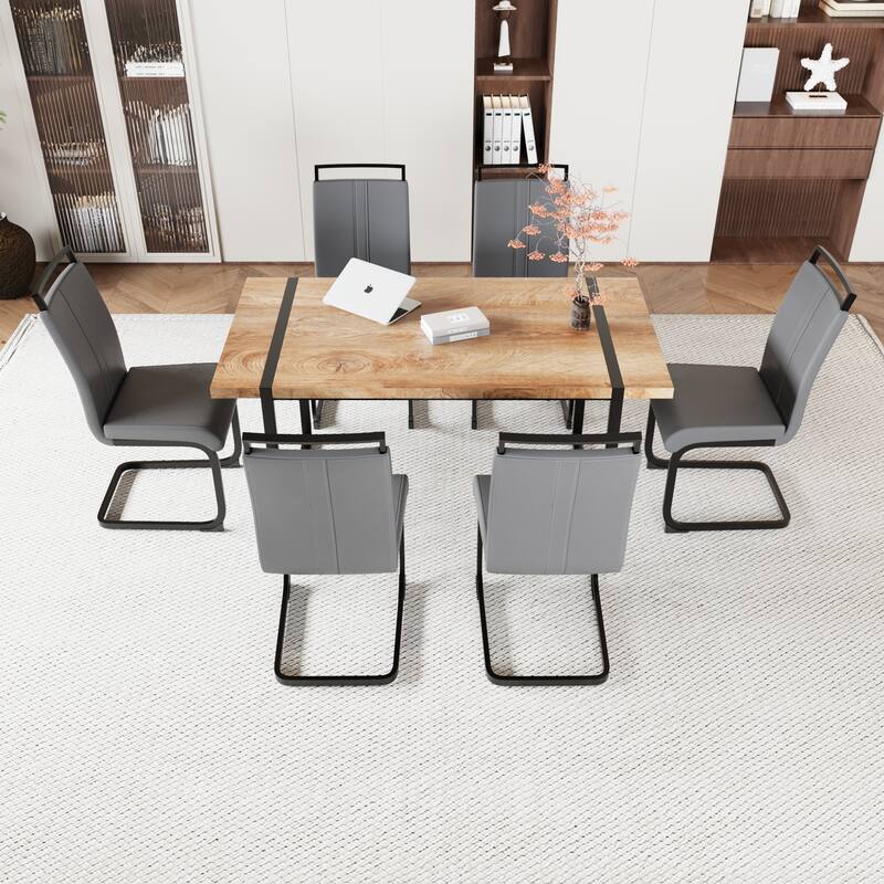7-Piece Dining Table Set with Wood Grain Tabletop, Chair with C-shaped Bases, Ergonomically Curved Backrest