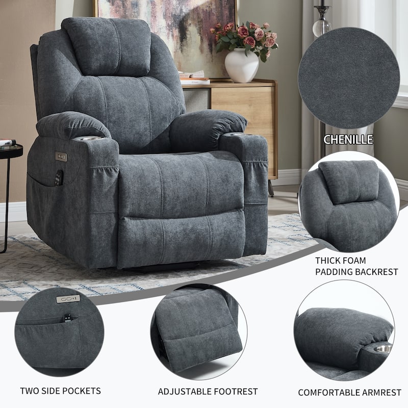 Power Lift Recliner Chair for Elderly Heated Vibration Massage, Lounge Sofa with USB Ports, Cup Holders & Side Pockets