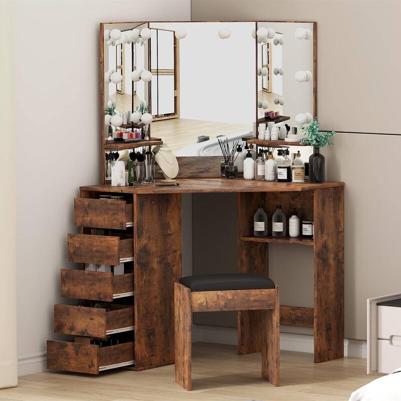 Corner Makeup Vanity Desk with Mirror and Lights