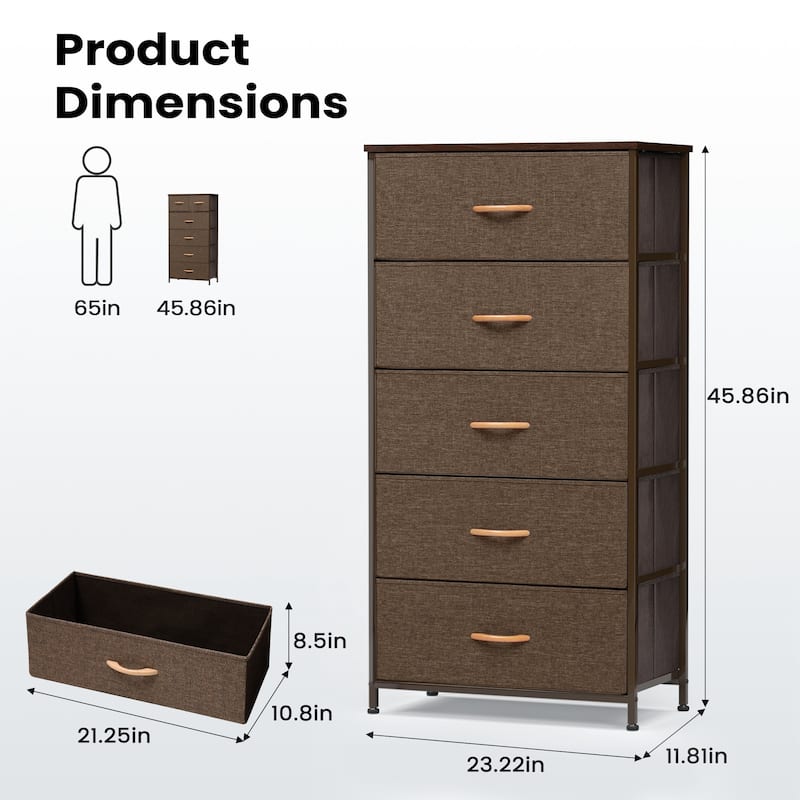 Pellebant Fabric Vertical Dresser Storage Chest Tower with 5 Drawers