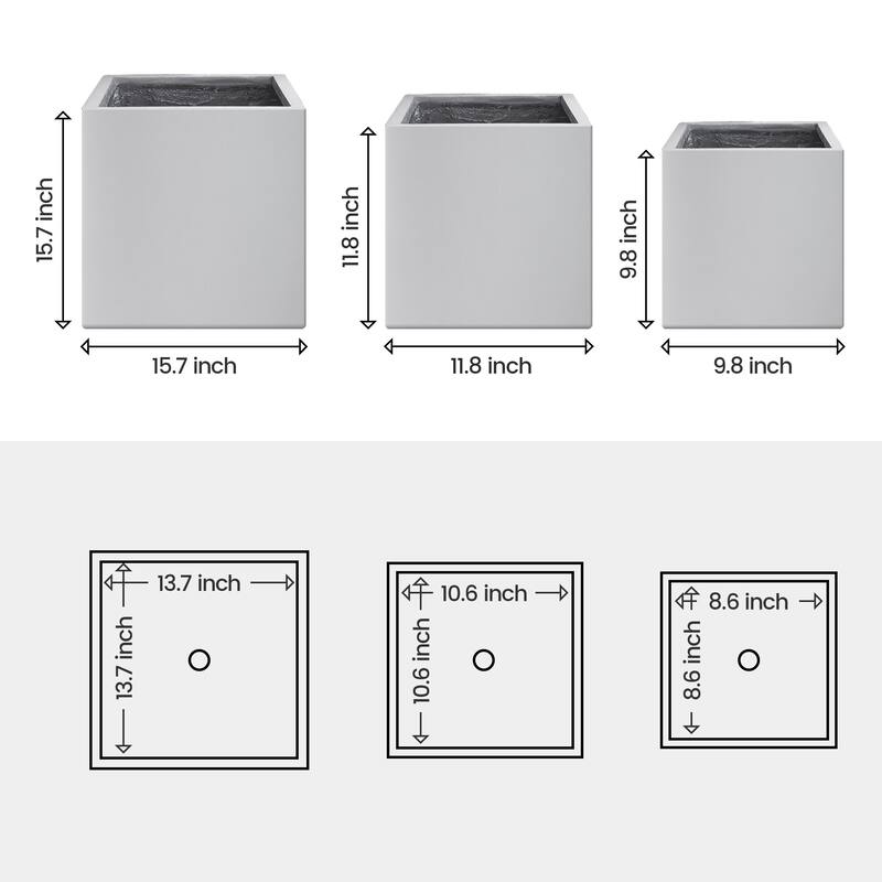 Plantara 16", 12" & 10" L Square Solid White Concrete Plant pot(Set of 3), Modern Planter, Outdoor Garden Flower pot for