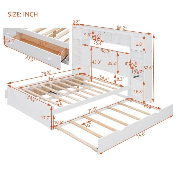 dimension image slide 1 of 6, Wooden Storage Platform Bed Frame with All-in-One Cabinet & Sockets