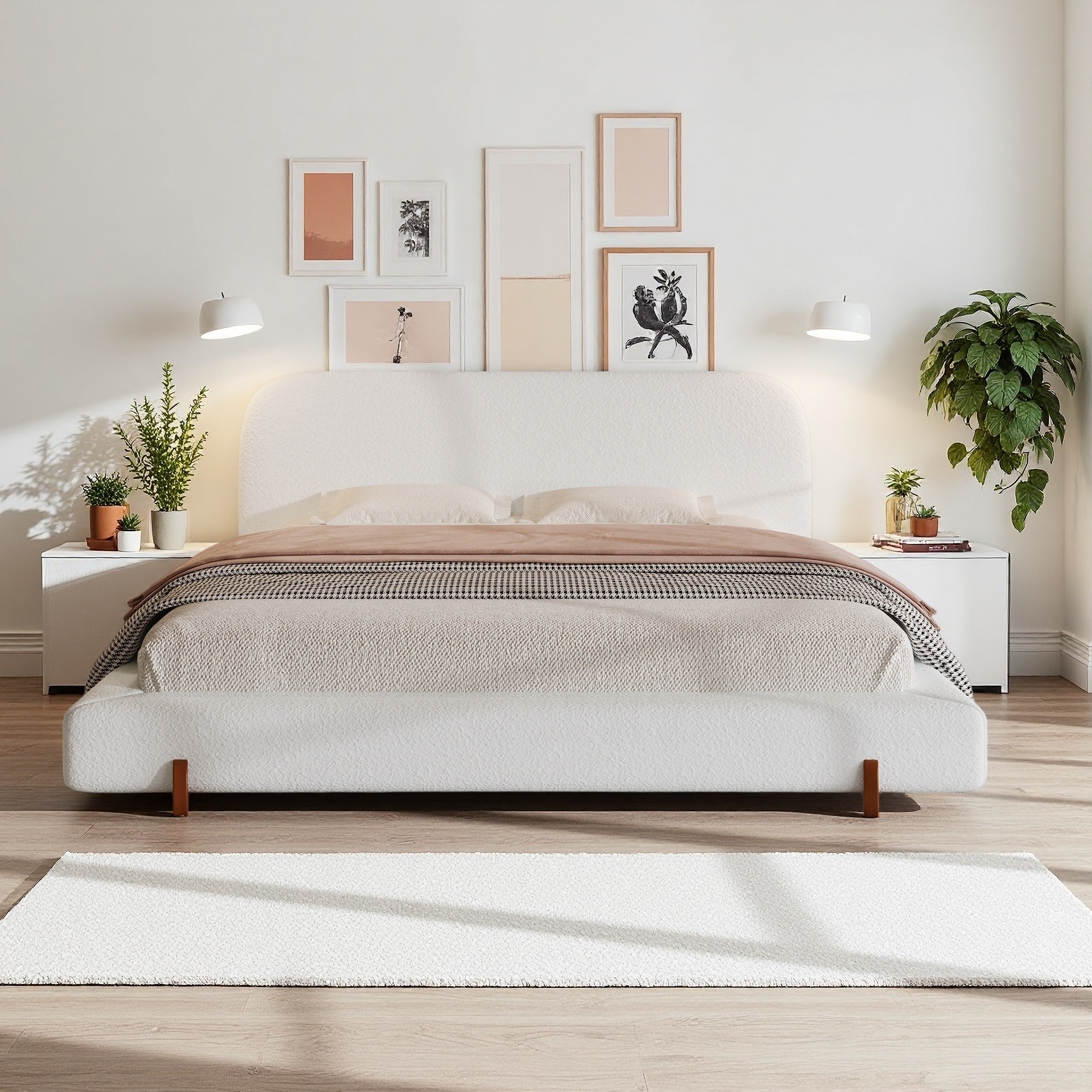 Upholstered Platform Bed Frame with Solid Rubberwood Legs and No Box Spring Needed