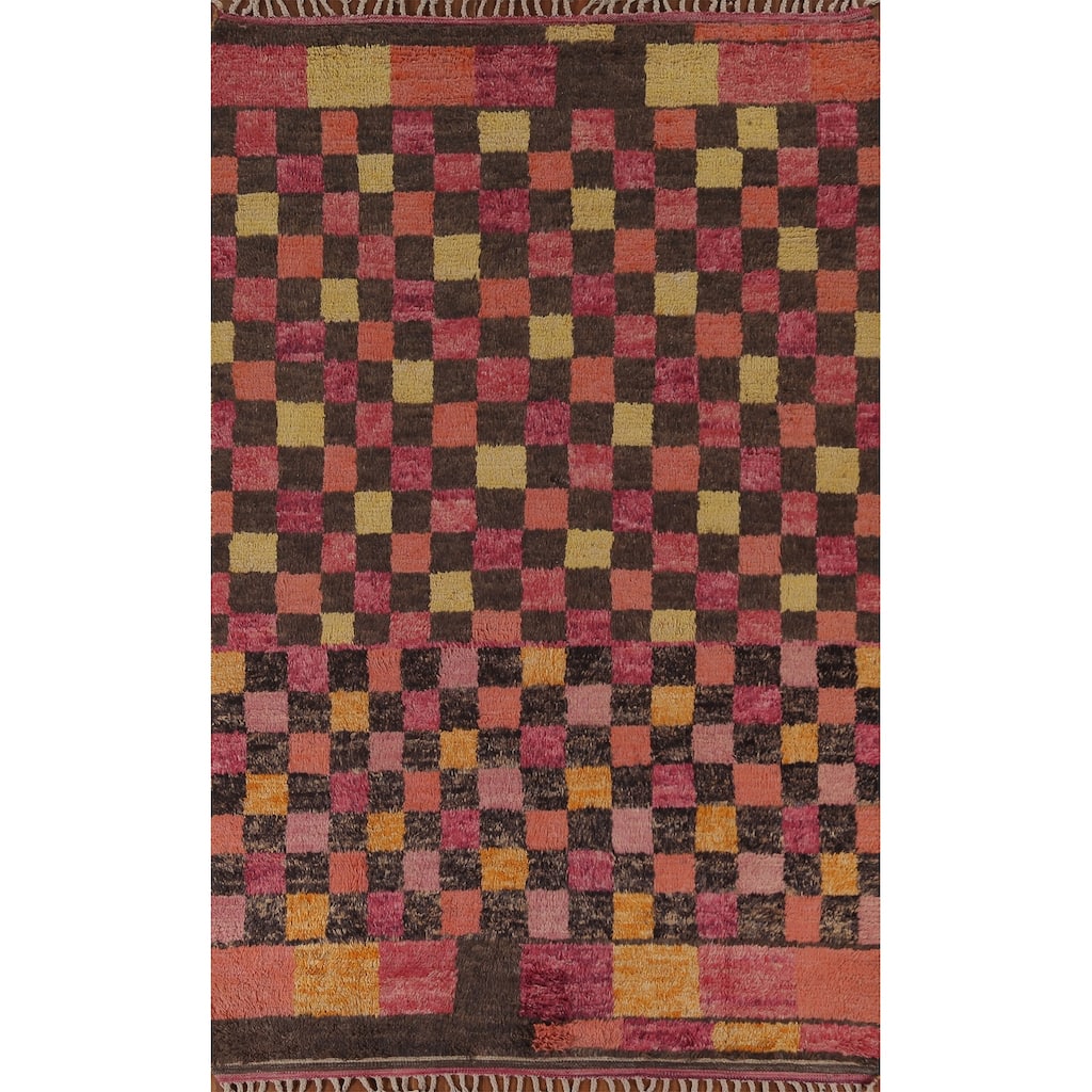 Checkered Pink Moroccan Oriental Area Rug Handmade Wool Carpet - 5'8" x 9'8"
