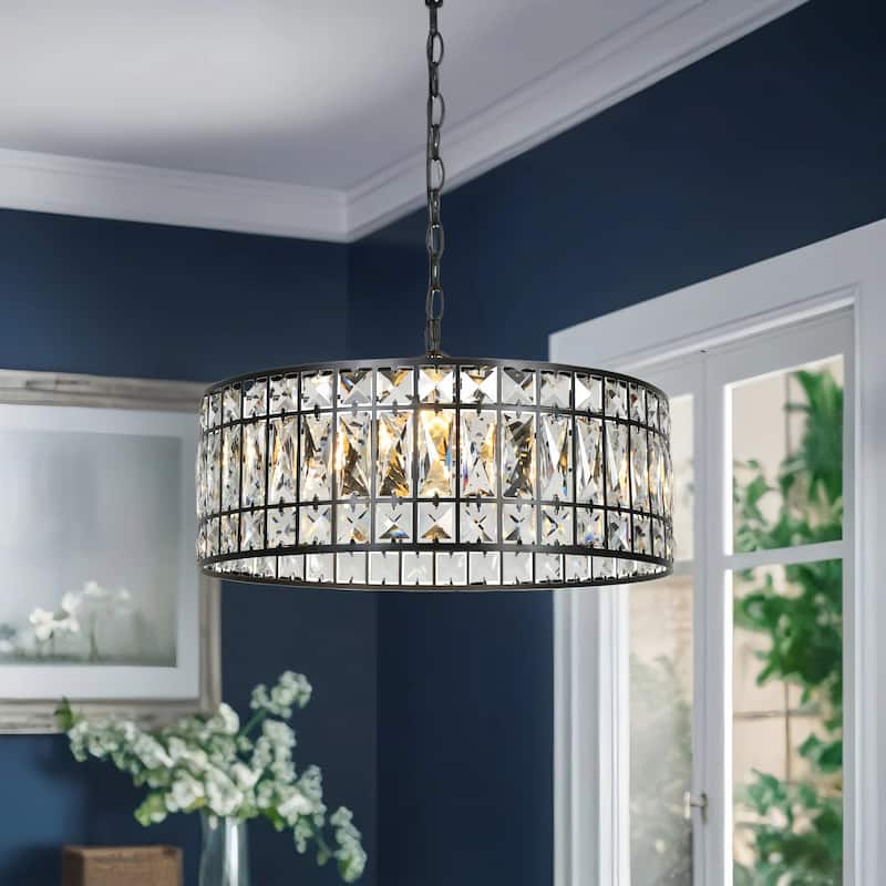 Aulia Modern 3-Light Black Crystal Drum Chandelier for Living Dining Room