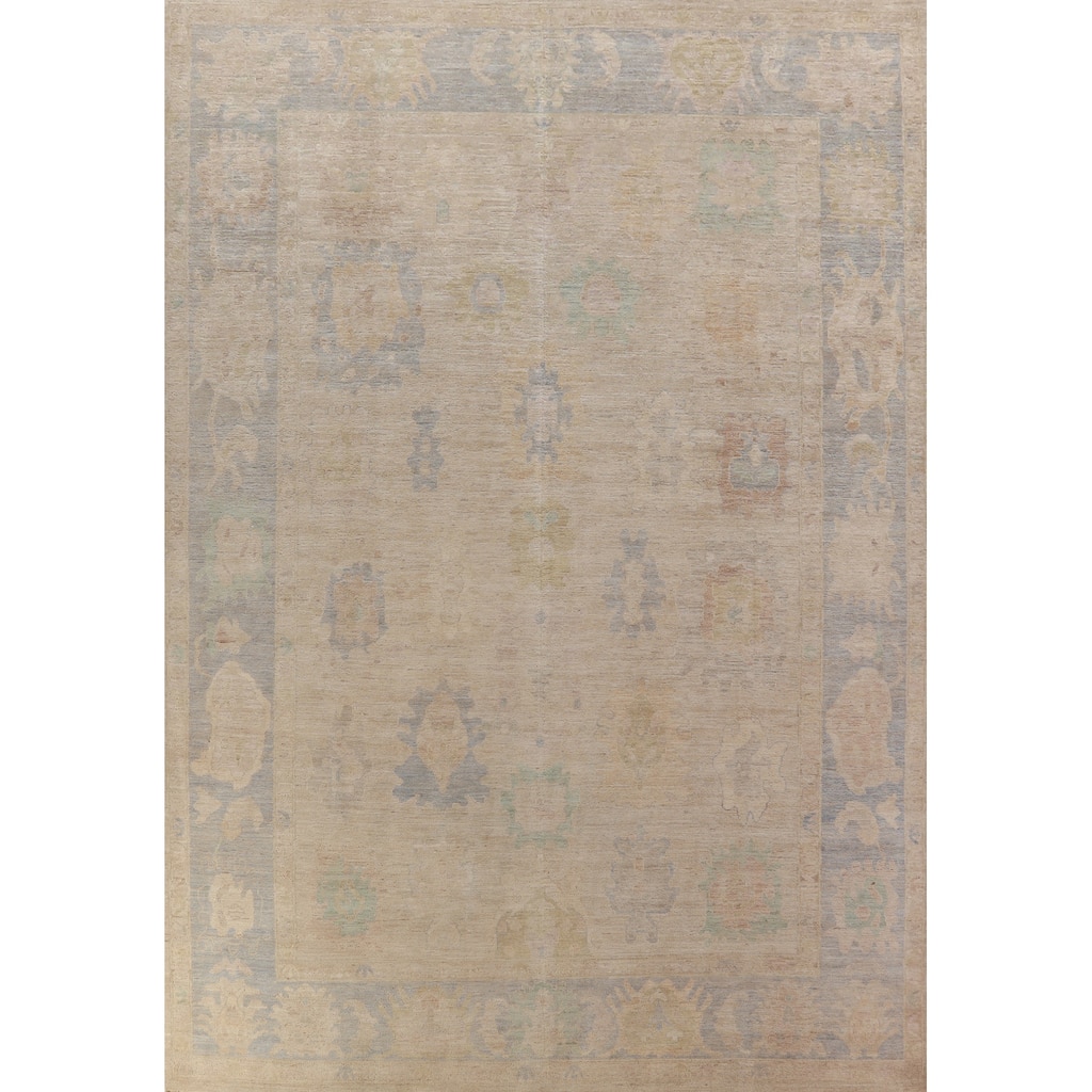 Hand Knotted Oriental 100% Wool Carpet Transitional All-Over Beige & Ivories Oushak Area Rug - 13' 8'' X 10' 1''