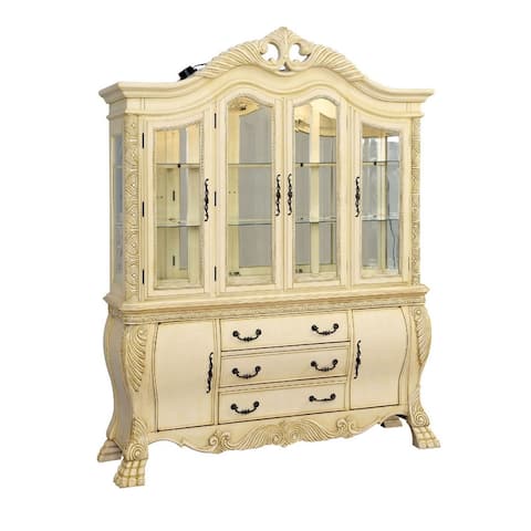 4 Door Traditional Hutch and Buffet Set with 2 Cabinets and 3 Drawers,Beige