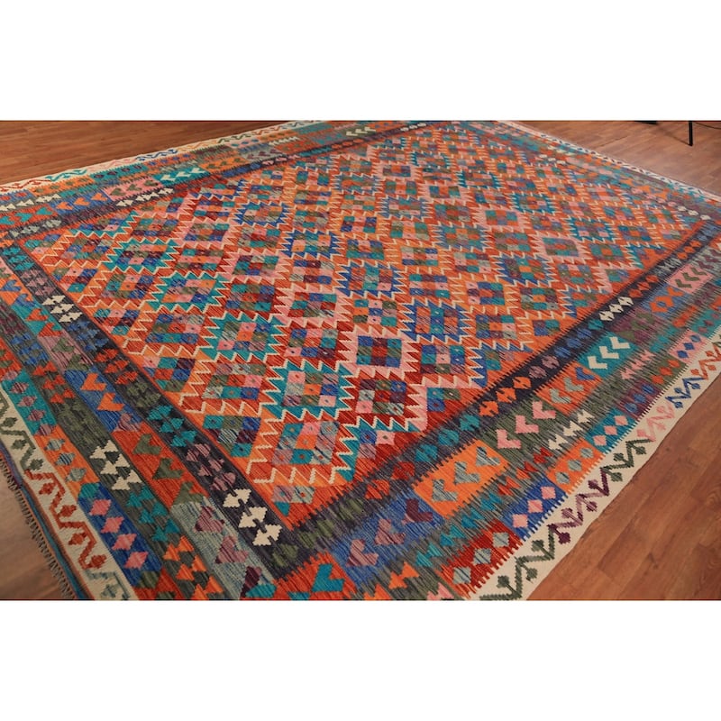 Reversable Kilim Oriental Area Rug Hand-Woven Orange Wool Carpet - 9'9"x 13'5"