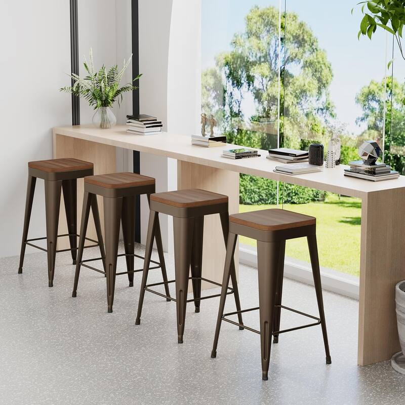 Counter Stools with Metal Frame Backless Counter Height Bar stools 24" Seat Height Kitchen Bar Furniture Stools with Wooden Seat