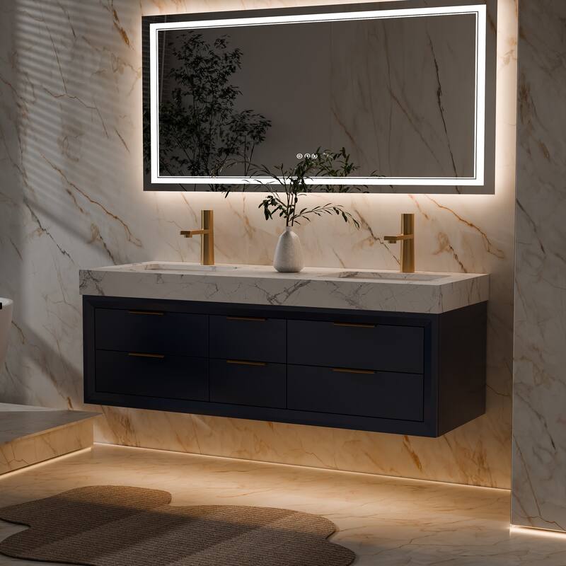 Modland 60" Modern Floating Bathroom Vanity with Double Sink, Soft-Close Drawers, White Stone Countertop