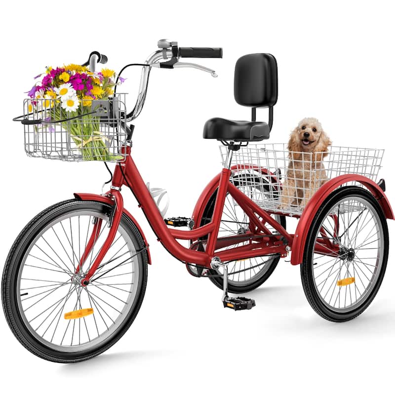 26" Adult Tricycle 3 Wheel Bikes 1 Speed Trike Bike - 24" - MattenRed
