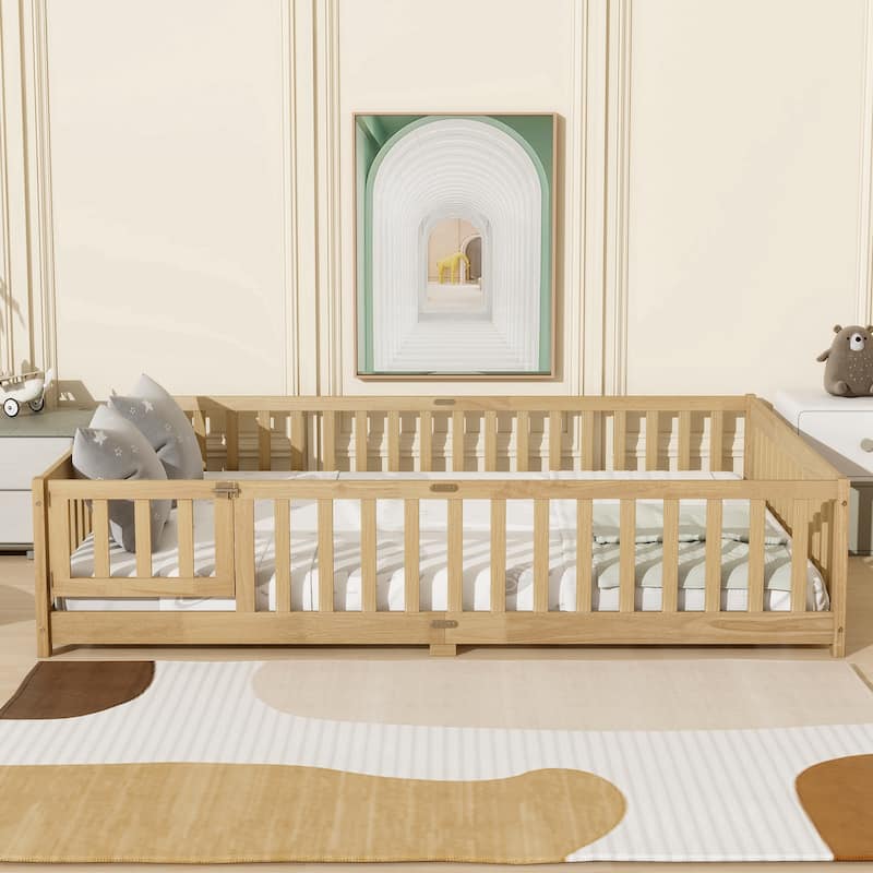 Queen Size Floor Bed with Fence,Door,Rubber Wood Floor Bed with Safety Guardrails