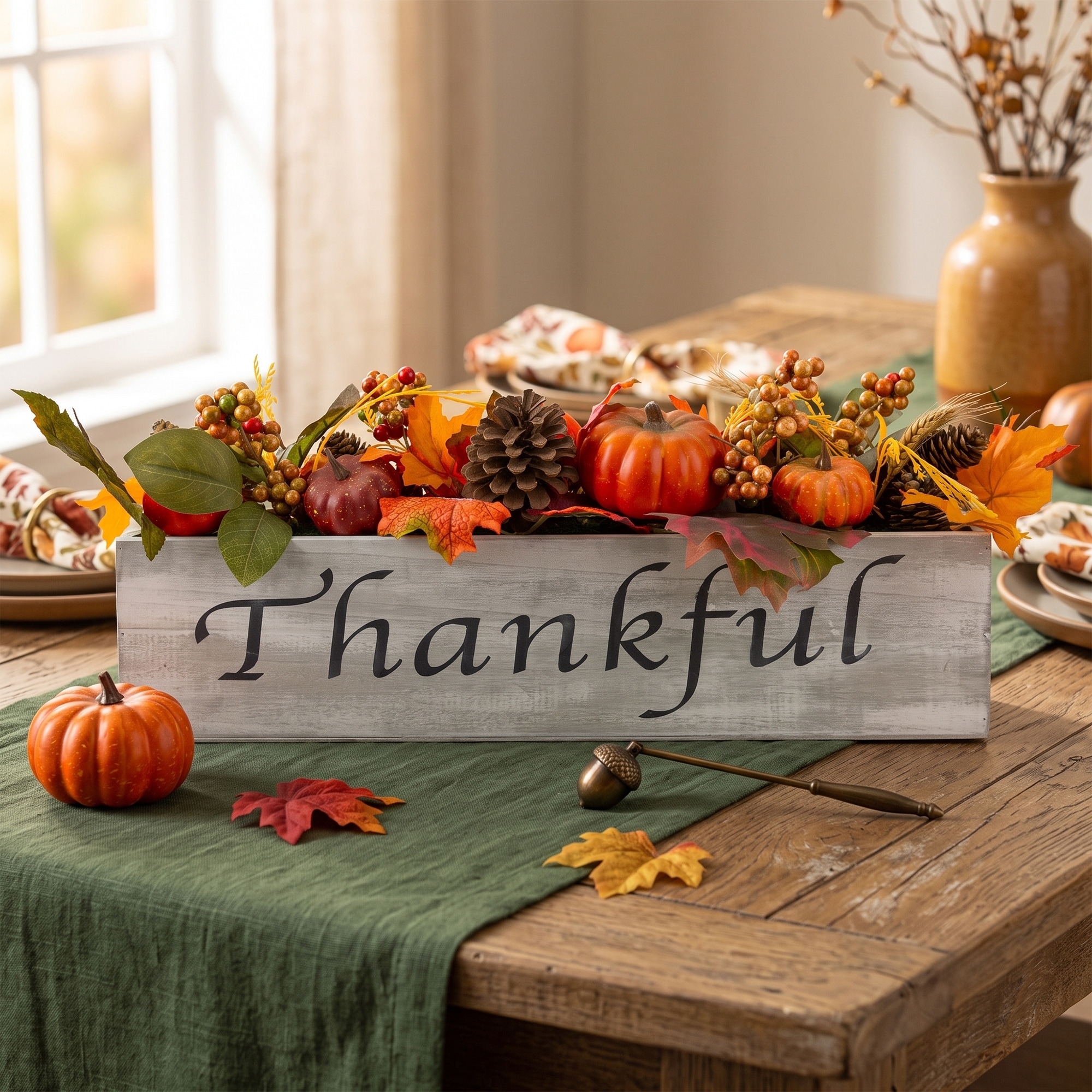 21" Autumn Arrangement a "Thankful" Rustic Wood Box Centerpiece
