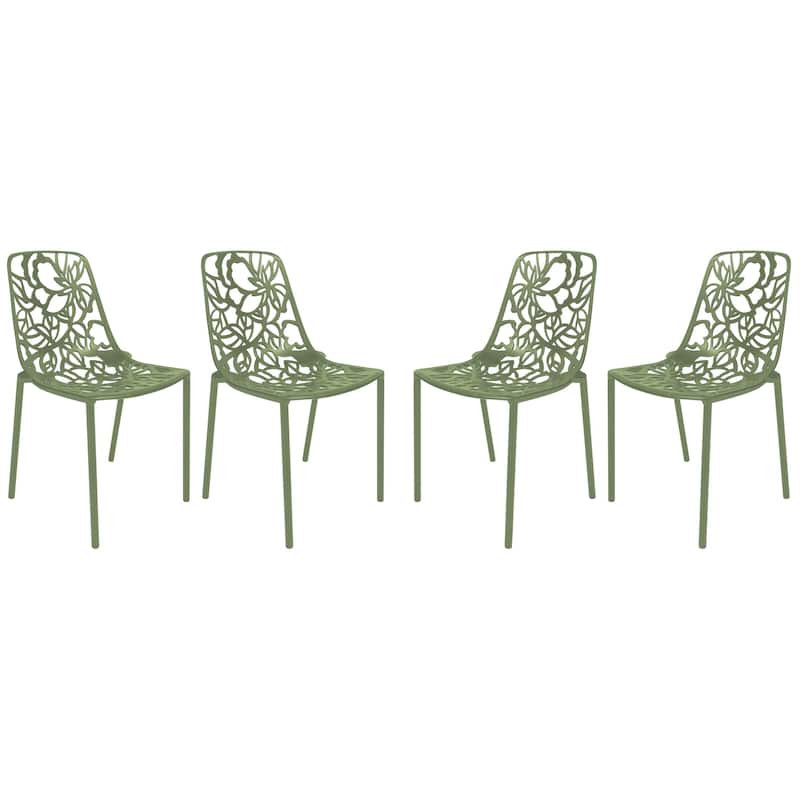 Devon Stackable Outdoor Aluminum Dining Chair with Floral Cutout, UV-Protected, Weather-Resistant Patio Seating - Khaki Green