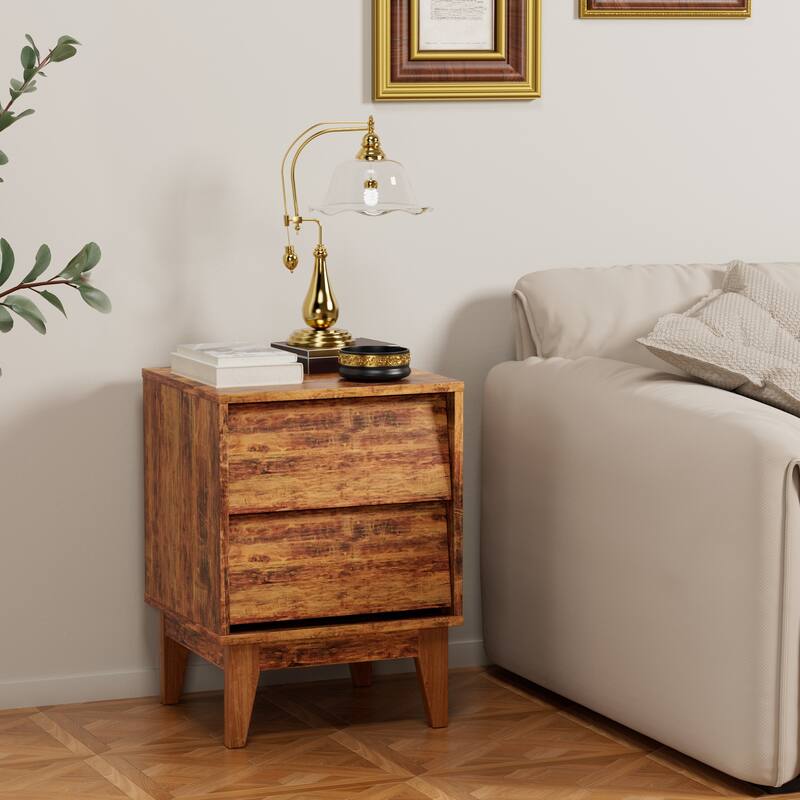 Set of 2 Mid-Century Modern MDF Nightstands, Bedside Storage Cabinet with Hidden Drawer Pulls, Side Table with Solid Wood Legs