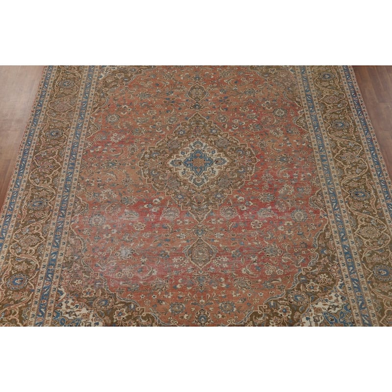 Distressed Mashad Vintage Persian Area Rug Hand-Made Wool Carpet - 9'7" x 13'2"